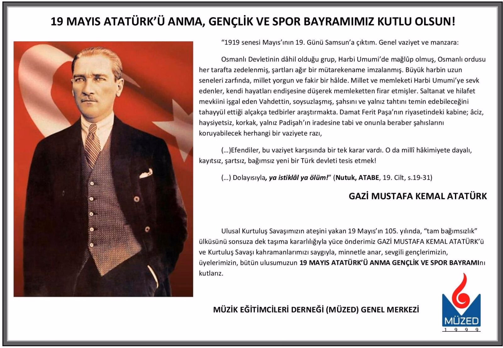 19 MAYIS ATATÜRK’Ü ANMA, GENÇLİK VE SPOR BAYRAMIMIZ KUTLU OLSUN!